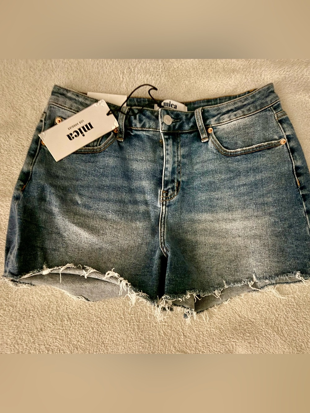 NWT MICA BLUE DENIM HIGH RISE SHORTS FRAYED HEM